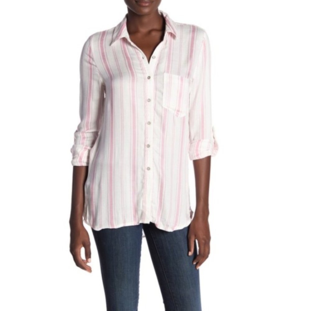 Love, Fire Pink and White Striped Button-Up Shirt